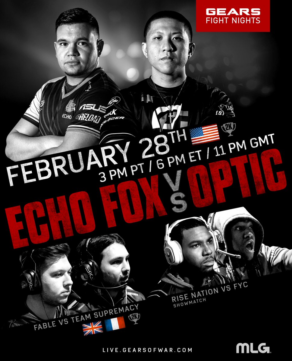 GearsEsports's tweet photo. This week on Gears Fight Night:
EU 2K Final: @FableGG vs @Supremacy_FR
NA Showmatch: @TheRiseNation vs @FYCeSports
NA 2K Final: @OpTicGaming vs @echofoxgg
Tune into https://t.co/6Rp7mmxTzQ starting at 3PM PST, and don't miss your chance to claim the Pink Phantom Lancer &amp; Markza! https://t.co/pc46UVmlpC