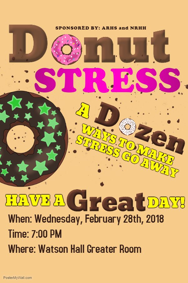 IT’S MIDTERM SZN BABY!!! Come to Watson tomorrow night and learn ways to deal w stress and get free donuts