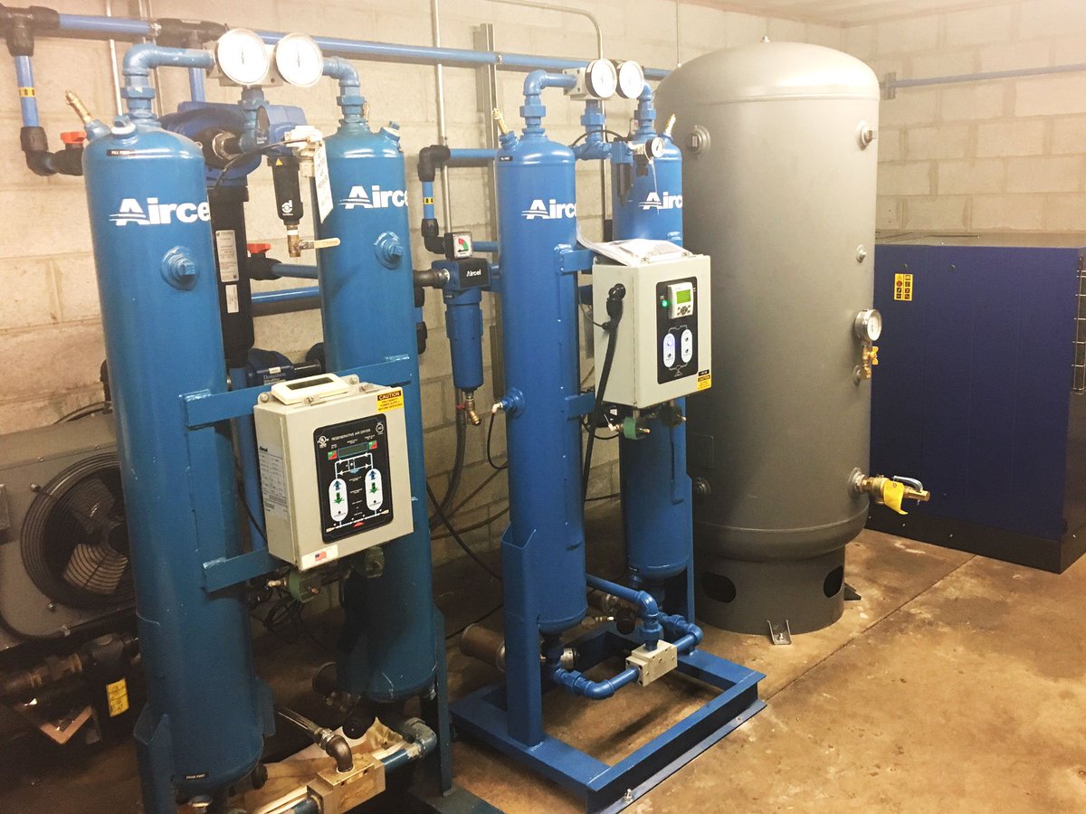 AircelDryers's tweet photo. A customer sent us this of their two new heatless desiccant air dryers installed in their compressor room. 100 and 150 scfm. We love customer pictures! #desiccant #airdryers #compressedair #compressor #purification https://t.co/r1peawaMNo