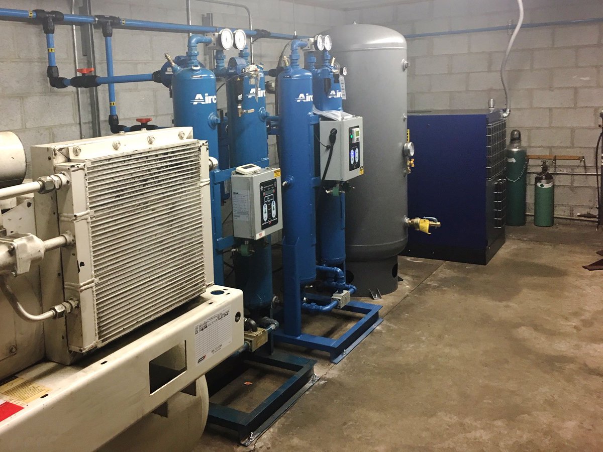 AircelDryers's tweet photo. A customer sent us this of their two new heatless desiccant air dryers installed in their compressor room. 100 and 150 scfm. We love customer pictures! #desiccant #airdryers #compressedair #compressor #purification https://t.co/r1peawaMNo