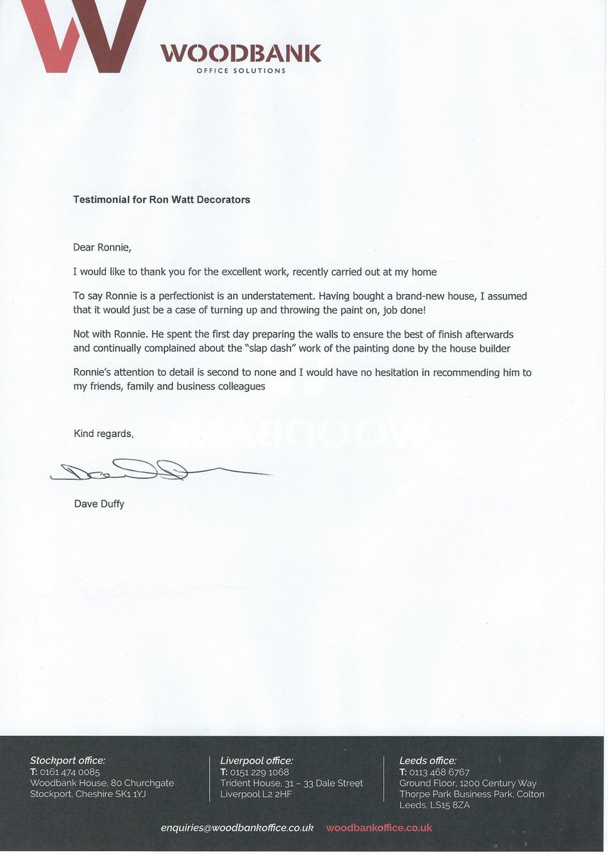 ronwdecorators's tweet photo. A recent #testimonial from some work carried out following a #referral from @BNIHorizonSthpt #Southport. Thanks for the referral and the kind words @Duffy4125, happy to be of service and glad you're pleased with the results. #SeftonHour #FormbyHour https://t.co/yACz40dnye