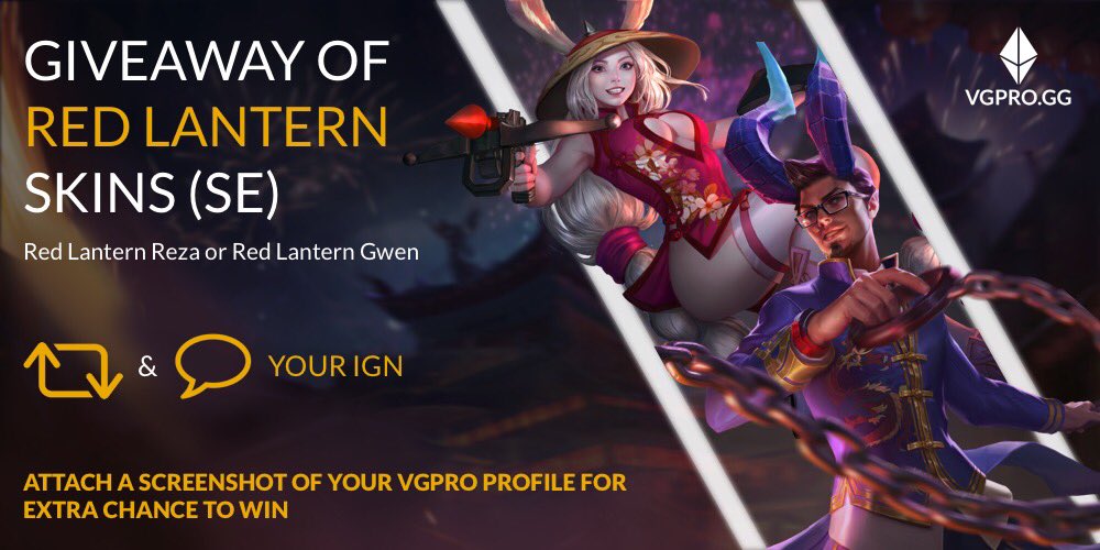🏆 GIVEAWAY OF RED LANTERN SKINS 

🔥 Red Lantern Reza or Red Lantern Gwen 

‼️ RT &amp; COMMENT YOUR IGN TO PARTICIPATE 

⏩  ATTACH A SCREENSHOT OF YOUR VGPRO PROFILE FOR EXTRA CHANCE TO WIN 🏆