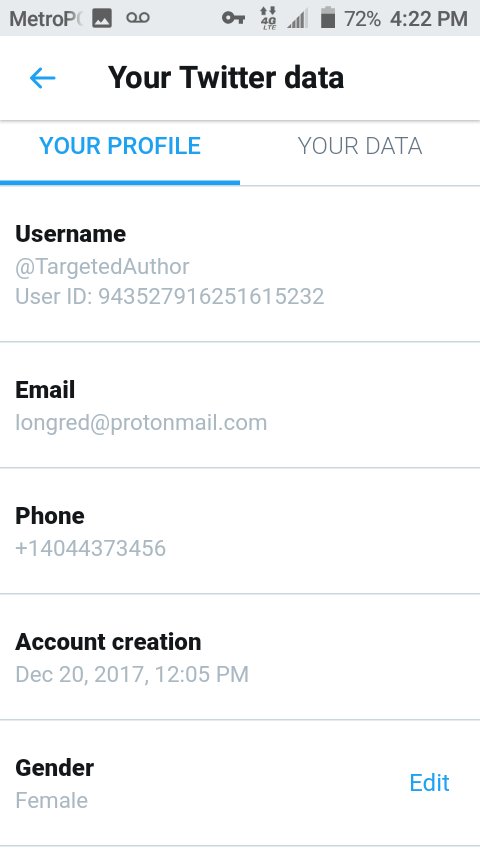 TargetedAuthor's tweet image. #TwitterSupport OK this is how I know I'm hacked. My email is longred@protonmail.com it says it in my data profile. Hacker just put back my phone number but the WRONG email. MellowTeal?? Hacker got my private email and will try 2 hack both accounts. #Help