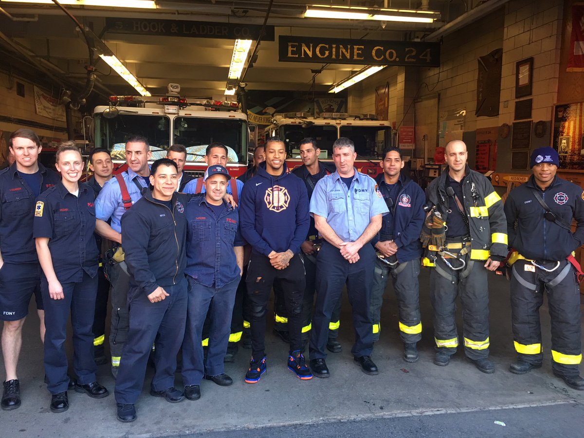 FDNY's tweet photo. Thank you @nyknicks @TreyBurke for visiting #FDNY #Engine24 #Ladder5 in Manhattan today to thank the members for their service to New York City https://t.co/pkMX5Vi7X3