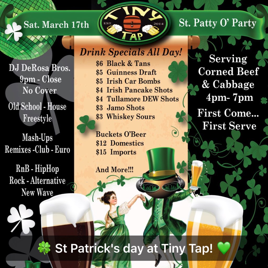 TinyTap's tweet photo. #NewProfilePic #stpatricksday2018 #partyattinytap #irishcarbombs #elmwoodpark #cornedbeef #guinnessdraft #oldschool #housemusic #freestyle #tinytapinelmwoodpark https://t.co/Xj6lH7lHJb