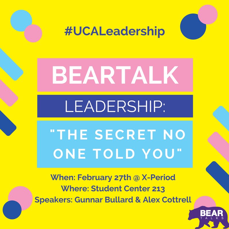 UCALeadership's tweet photo. Thank you to Alex Cottrell and Gunnar Bullard for a fantastic BEARTalk today on the secrets of leadership! #UCAleadership #actionshot https://t.co/AtChtOj9eN