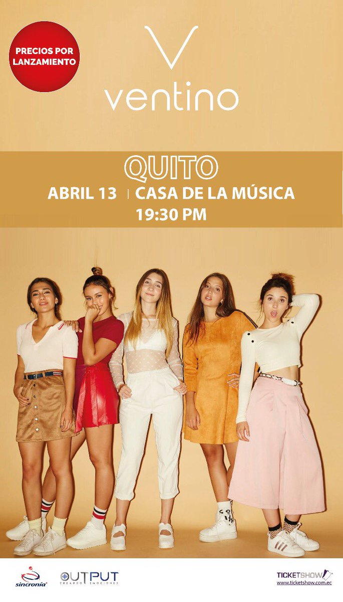 sincroniaec's tweet photo. @Ventinoficial en Quito en vivo!! 13 de Abril - Casa de la Música. Ya a la venta entradas en @Ticketshow online y en puntos de venta a nivel nacional. Aprovecha precios por Lanzamiento!! @sincroniaec #Sincronia #SincroniaenVivo #concierto #VentinoQuito https://t.co/HdsPfXBBbO