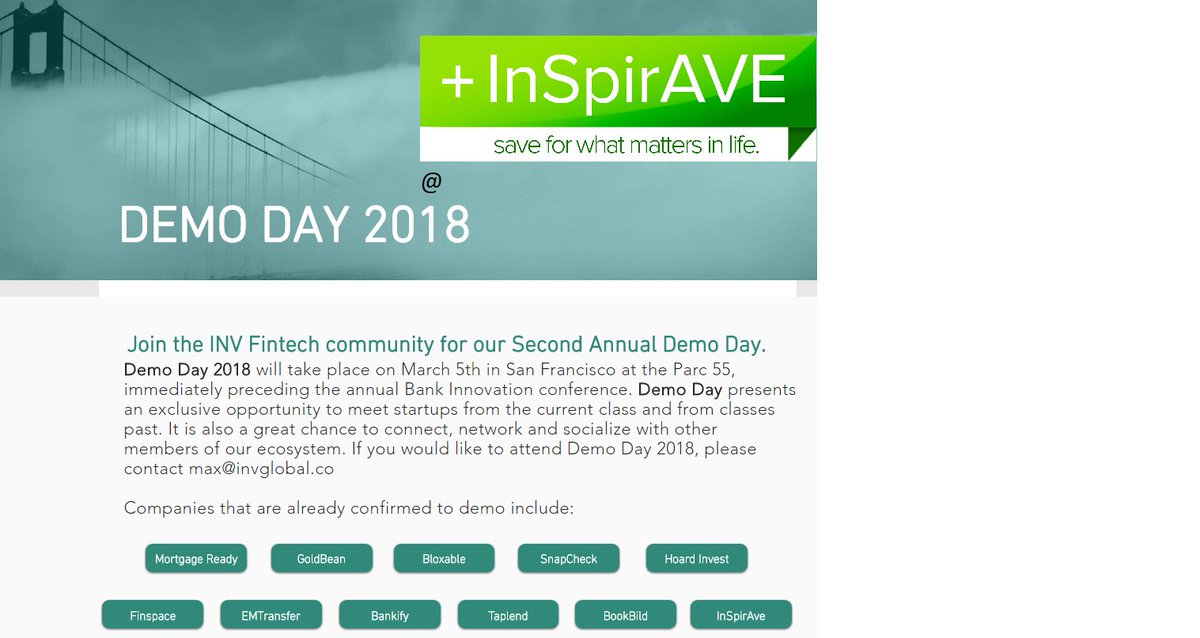 InSpirAve's tweet photo. @speedydeer @om_kundu @dmgerbino @Finovate @jpunishill @ByteAcademyCo @yegor1us @INVFintech @BrentWistrom @CherinLaw @BankSmartCARRIE @psb_dc @NICKEWART1 @philipgryan @DerekSine @IWlifesciguy1 @PeterGuzzardo @rschmelzer @TiENewYork @FutureProof_RTL @trendnine @rockcenternyc @SheppardMullin @garysguide @ABCSharkTank @PittsTechAudrey @hornblass @mitgc_cm @Mike_Alex @MarketingFuel @MarkMkrofchik #DontMiss @InSpirAVE's latest as we present @INVFintech 2018 #DemoDay@#SV
Welcome all joining to 1st-hand of #InternetOfSavings platform #empowering #SavingMoreFaster #ForWhatMatters
#DisruptDebt💥
#fintech #ecommerce w/#empathy
https://t.co/2O8aDCzQPc
🖱️https://t.co/v5vIXYkxYW https://t.co/DLu6n0qanx