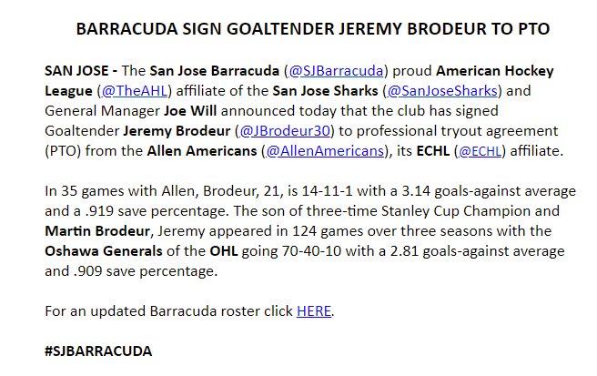 CurtisPashelka's tweet photo. Marty Brodeur's son joins the #SJBarracuda as a backup goalie on PTO https://t.co/1bwLhD9d9z