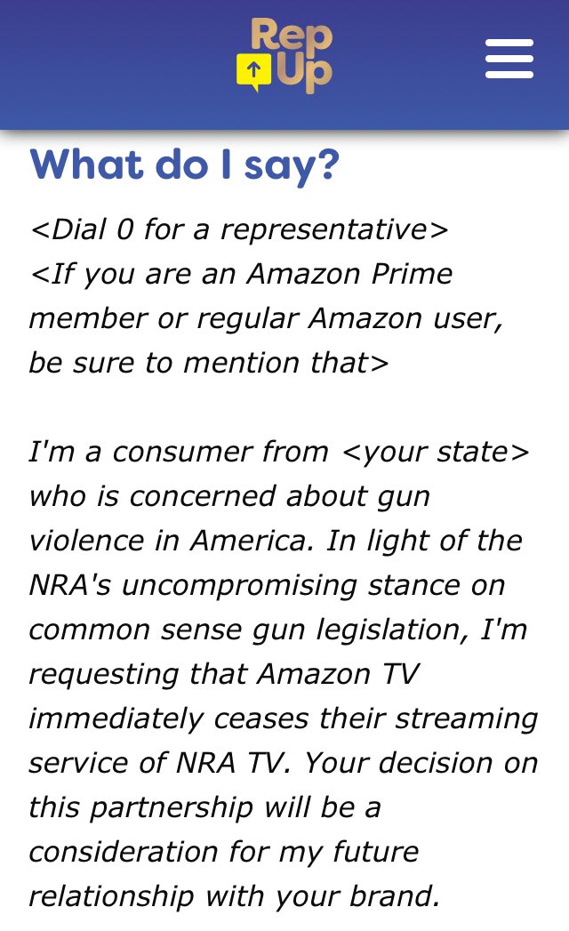 repupnow's tweet image. WEEKLY ACTION ALERT! This week we’re going to #BoycottNRASponsers by calling Amazon at 888-280-4331 and asking them to drop NRA TV. More details and scripts at repupnow.com/archive#time-t… #BoycottNRA #BoycottNRA amazon #BoycottNRATV