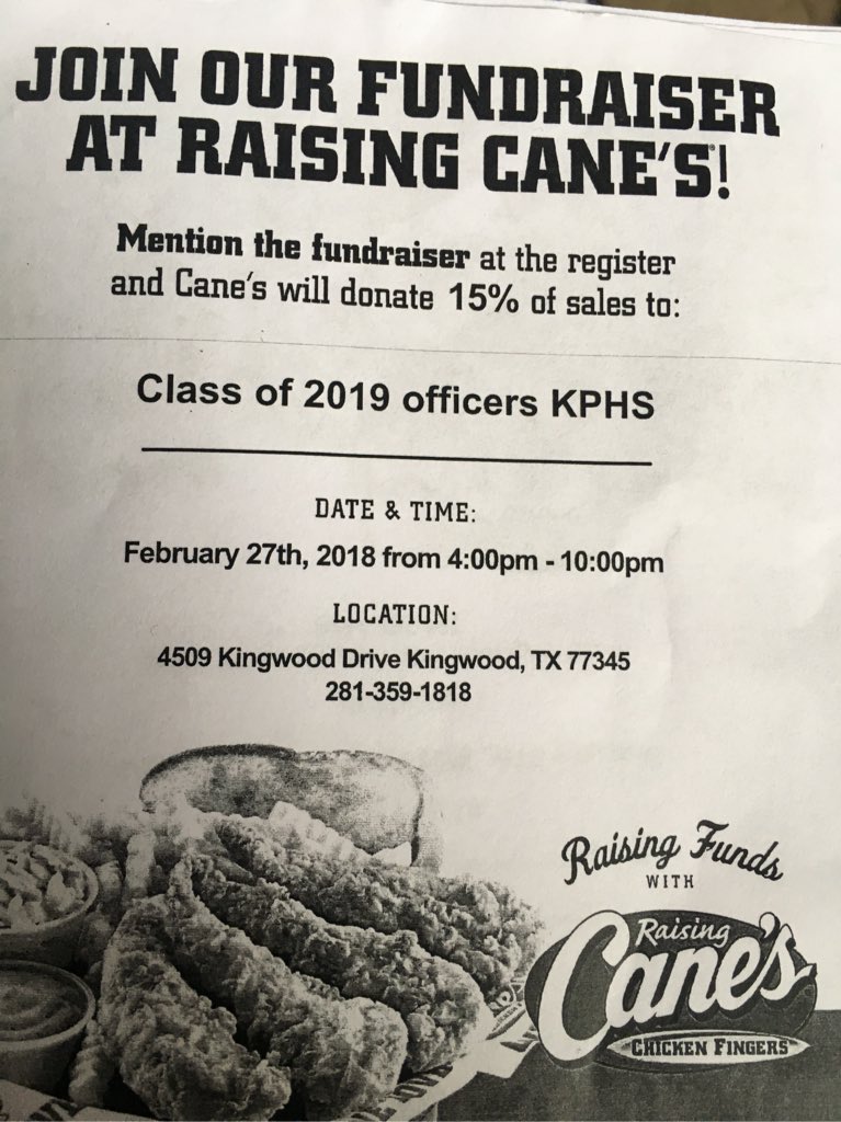 kphs2019's tweet photo. Come out and support the class of 2019 at Cane’s TONIGHT from 4-10pm. Every half hour we are giving away a free meal to someone wearing kpark gear !!! https://t.co/c5ZaClGrty