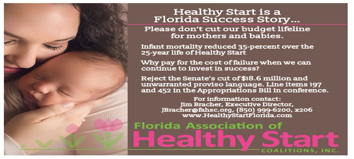 Proposed cuts in the Senate budget would eliminate direct services &amp; support for 6,600 high-risk pregnant women &amp; infants. Urge your legislators to restore funding for Florida’s Healthy Start program.
