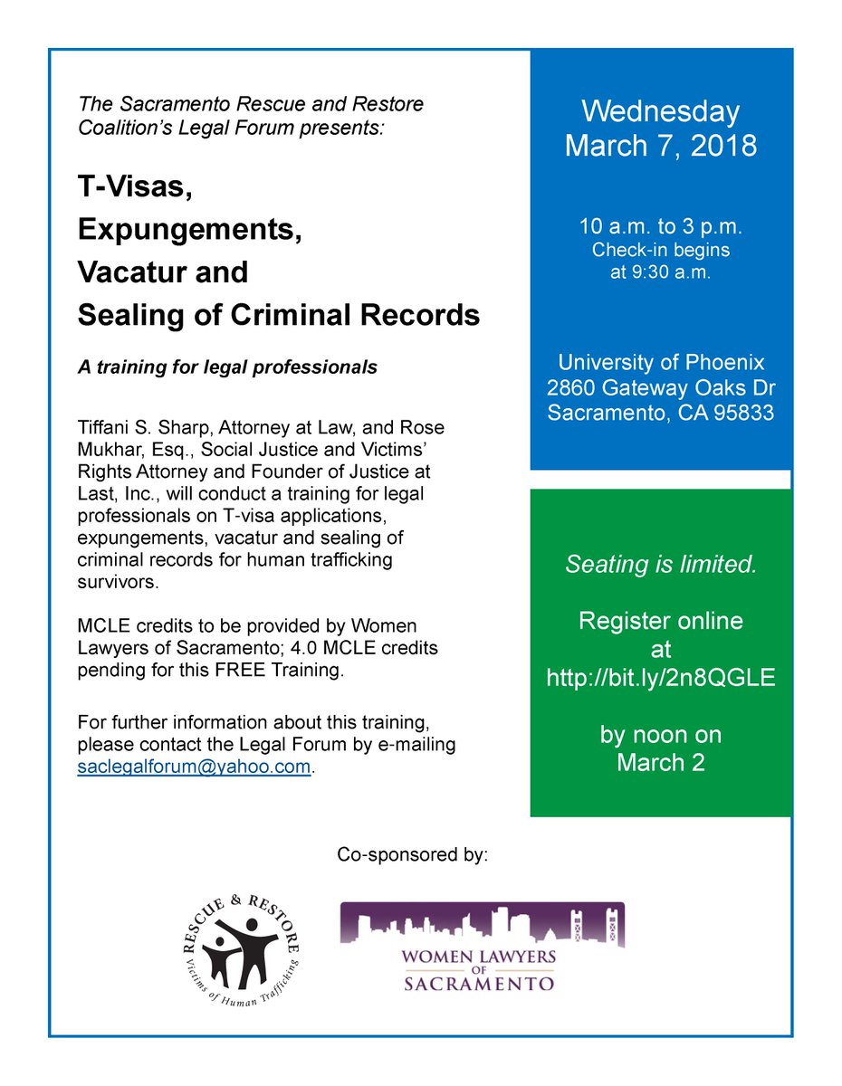 SacRescueRestor's tweet photo. Reserve your seat now!  March 7 Legal Forum training on T-visas and post-conviction remedies for legal professionals.  Special lunchtime presentation on childcare safety plans.  Register before noon on March 2 at https://t.co/ctTdyuHObv https://t.co/tlugFY6Gxy