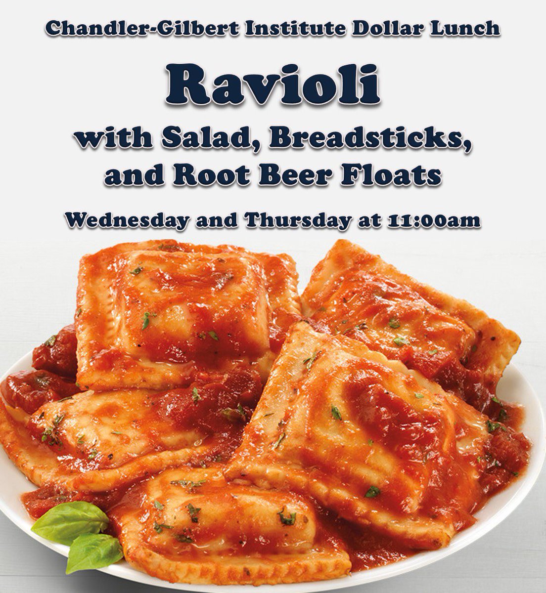 CGCCInstitute's tweet photo. #Ravioli &amp; #rootbeerfloats for $1 lunch at the #LDSInstitute across Pecos from @ChandlerGilbert Weds. &amp; Thurs. @ 11AM this week. Sponsored by the #LDSSA. https://t.co/mjP09Gpmf6