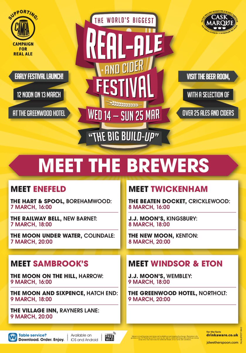 JDWHarrow's tweet image. Coinciding with the national real ale &amp;amp; cider festival, these 11 pubs will be holding Meet The Brewers on these dates. #SaveTheDate. We will have Jamie, a recognised beer somilier from @SambrookAle holding our #meetthebrewer at 4pm on the 9th of March! @jdwtweet @CAMRA_Official