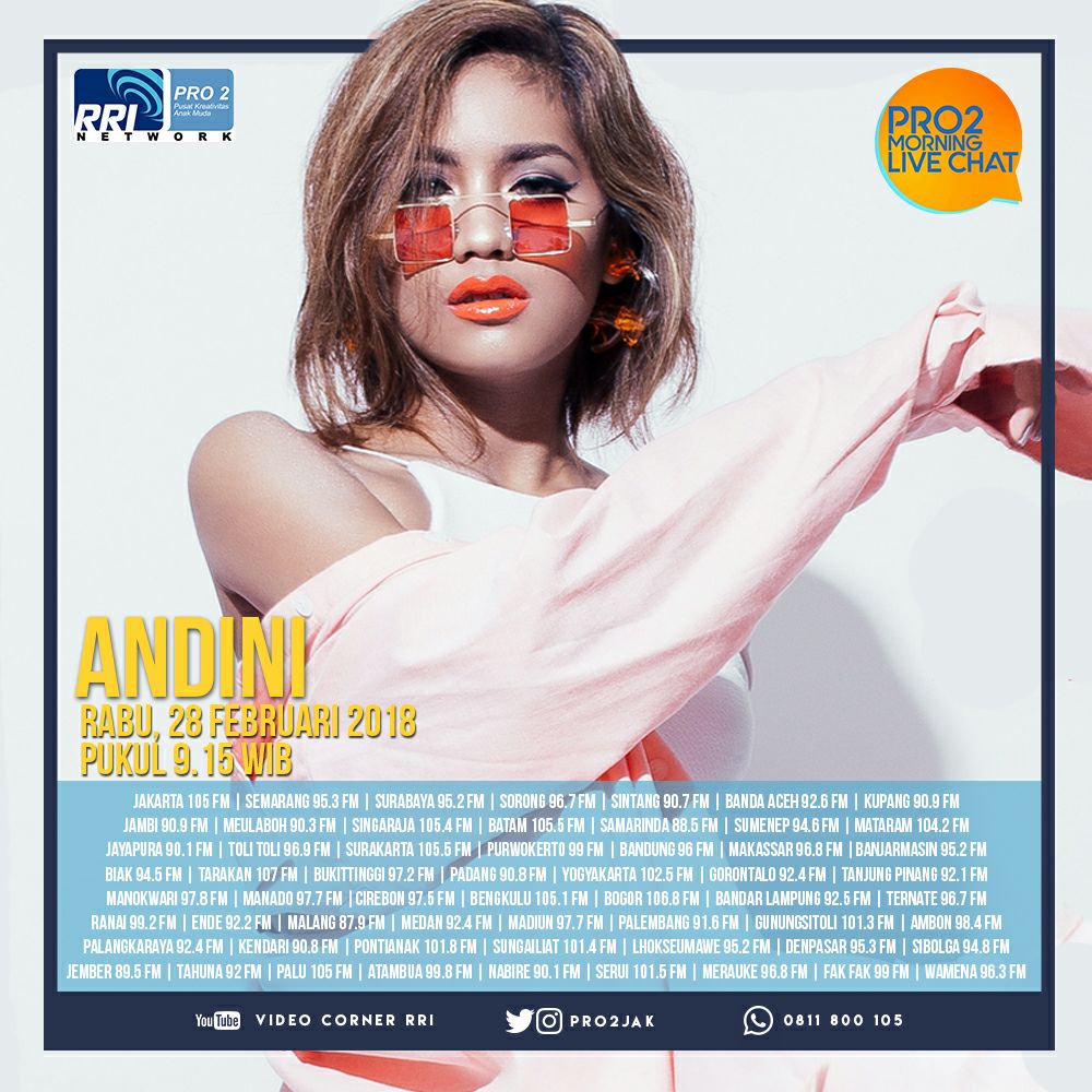 Jam 11.15 Wit di <a href="/Pro2_Sorong/">Pro2 RRI Sorong</a> 
live dari @Pro2Jak ada @heyitsAndini

#AndiniDiPRO2FM #AndiniDiPRO2FM #AndiniDiPRO2FM