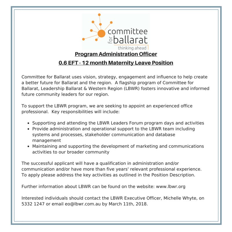 LeadershipBWR's tweet photo. Anyone looking for a job change? We're on the hunt for a Program Administration Officer. Details at https://t.co/aqcTqFkSZq
#ballarat #career #lbwr https://t.co/UxOgqJzX7Q