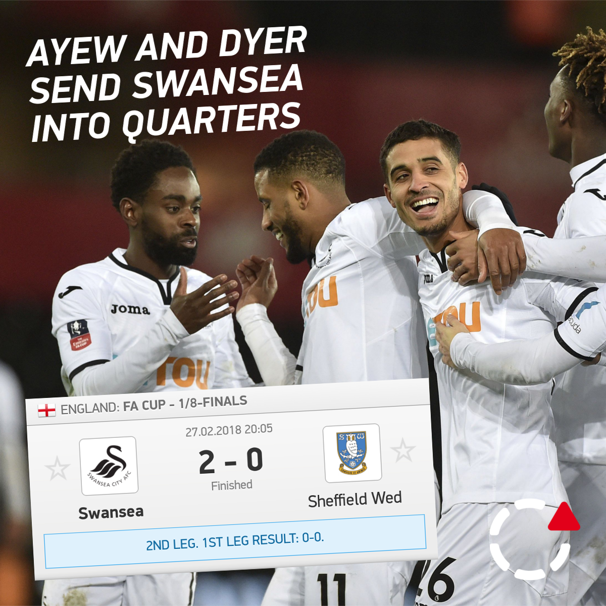 FlashscoreUK's tweet photo. Football: @jordan_ayew9 and Nathan Dyer both scored as @SwansOfficial beat @swfc in the @EmiratesFACup! ⚽🏆 #FlashScores #Football #FACup #Swansea #SheffWed #JordanAyew #NathanDyer https://t.co/Ifrj4AofrU