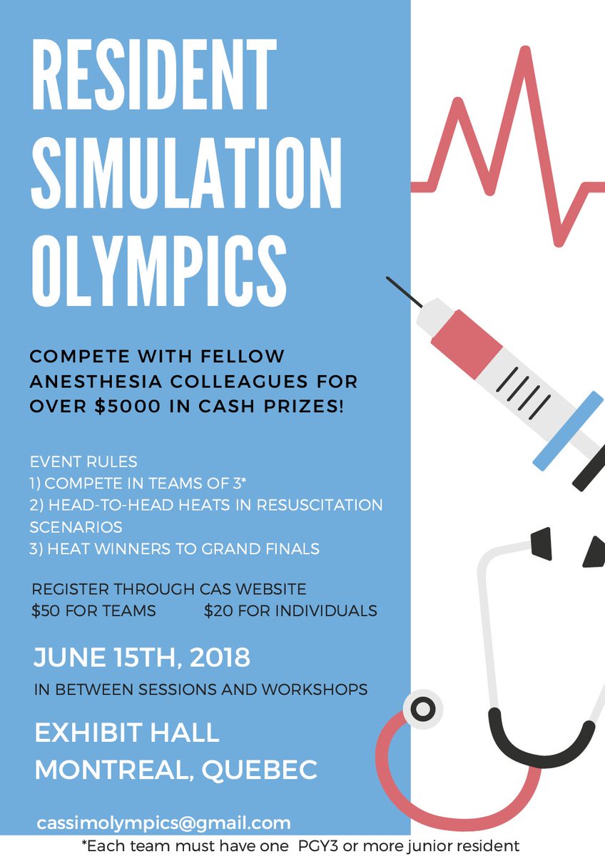 CASresidents's tweet photo. Announcing the 2nd Annual CAS Resident Simulation Olympics! Ready for the challenge, fun, and prizes? Please help tag potential participants/coaches! @CASUpdate @Dal_Anesthesia @westernUanesth @QueensPeriopMed @OttAnesthesia @mcgillanesth @UoTAnesthesia @ON_Anesthesia https://t.co/fRyTeDKJpX
