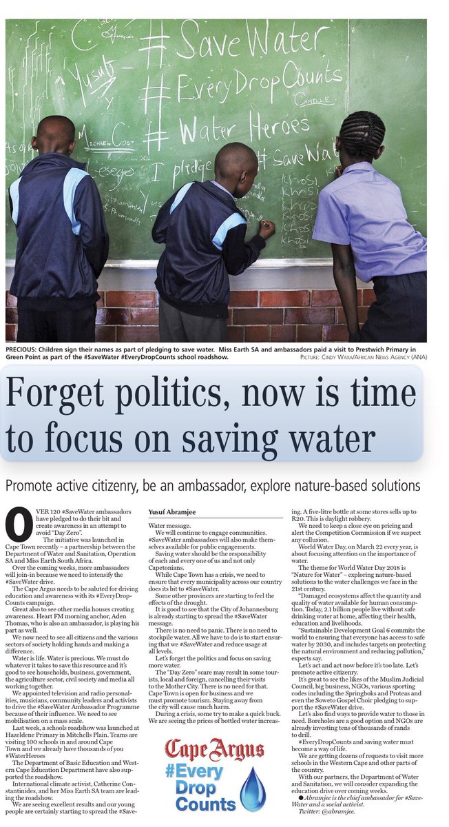 Abramjee's tweet photo. Forget politics, now is the time to focus on saving water: @TheCapeArgus today. #SaveWaterAmbassadors @missearth_sa @DWS_RSA @ChangeAgentSA @adenthomas @GasantAbarder @LanceTheWitten https://t.co/lCVroJmdEj