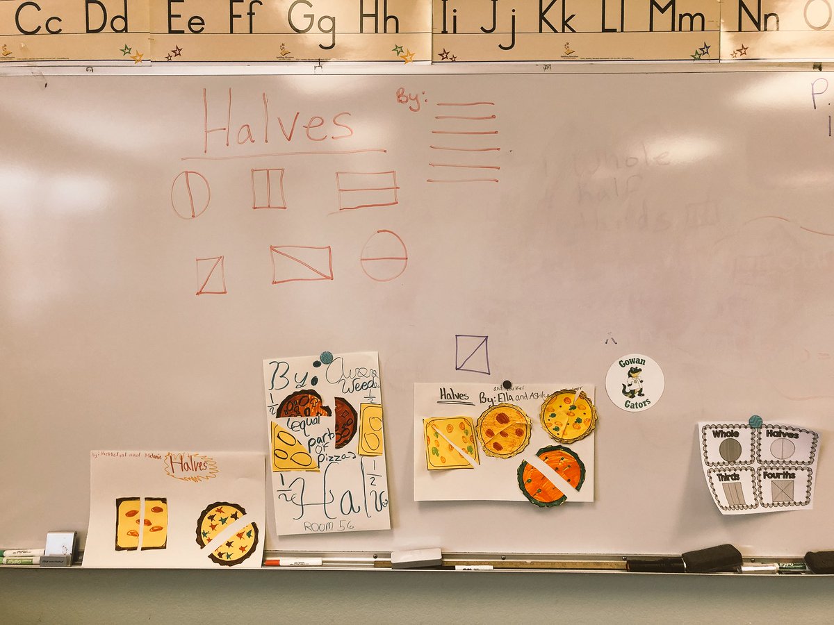 MrsPJhoog's tweet image. Finding two halves in a whole pizza. #FractionsAreFun