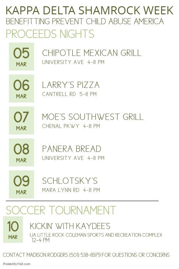 ualrkappadelta's tweet photo. Do it for the KiDs!!! Make sure to come out and support Kappa Delta Shamrock Week and become part of the fight to prevent child abuse!!! 80% our proceeds will go to Children’s Protection Center in Little Rock, and the other 20% will go to Prevent Child Abuse America!! 💚 https://t.co/864JI7r4Xw