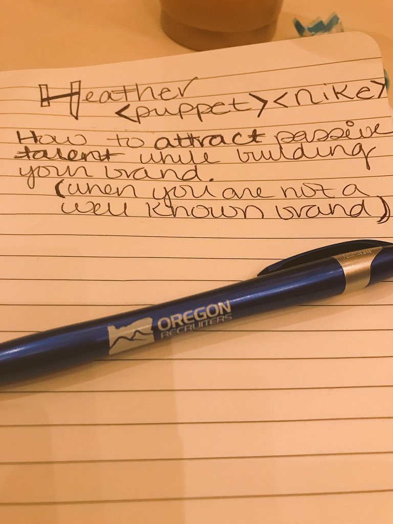 RaineLunke's tweet photo. @heathereflynn (from Portland Oregon!) sharing her lessons learned and best practices on building a brand to attract talent on a limited budget.  #sourcecon #puppetlabs https://t.co/KHzxNXiMgN