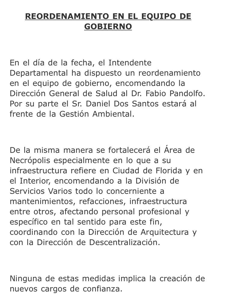 EricAlarcon_'s tweet photo. En el día de la fecha, el Intendente Departamental ha dispuesto un reordenamiento en el equipo de gobierno, encomendando la Dirección General de Salud al Dr. Fabio Pandolfo. Por su parte el Sr. Daniel Dos Santos estará al frente de la Gestión Ambiental. https://t.co/KfeXbDZPJB