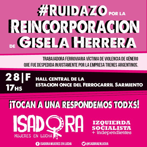 ISVLopez's tweet photo. ¡MAÑANA TODXS AL HALL DE ONCE!
 #ReincorporacionYA 
#RuidazoPorGisela 
#NiUnaMenosSinTrabajo https://t.co/mGlYKy2Hdh