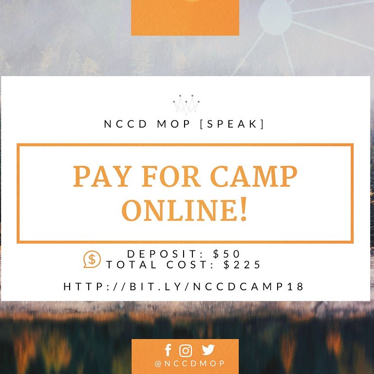 NCCDMOP's tweet photo. Did you hear? You can now pay for camp online! Go to: https://t.co/V0powhw0u1
#speak2018
#nccdmop https://t.co/lCc6P3wWoB