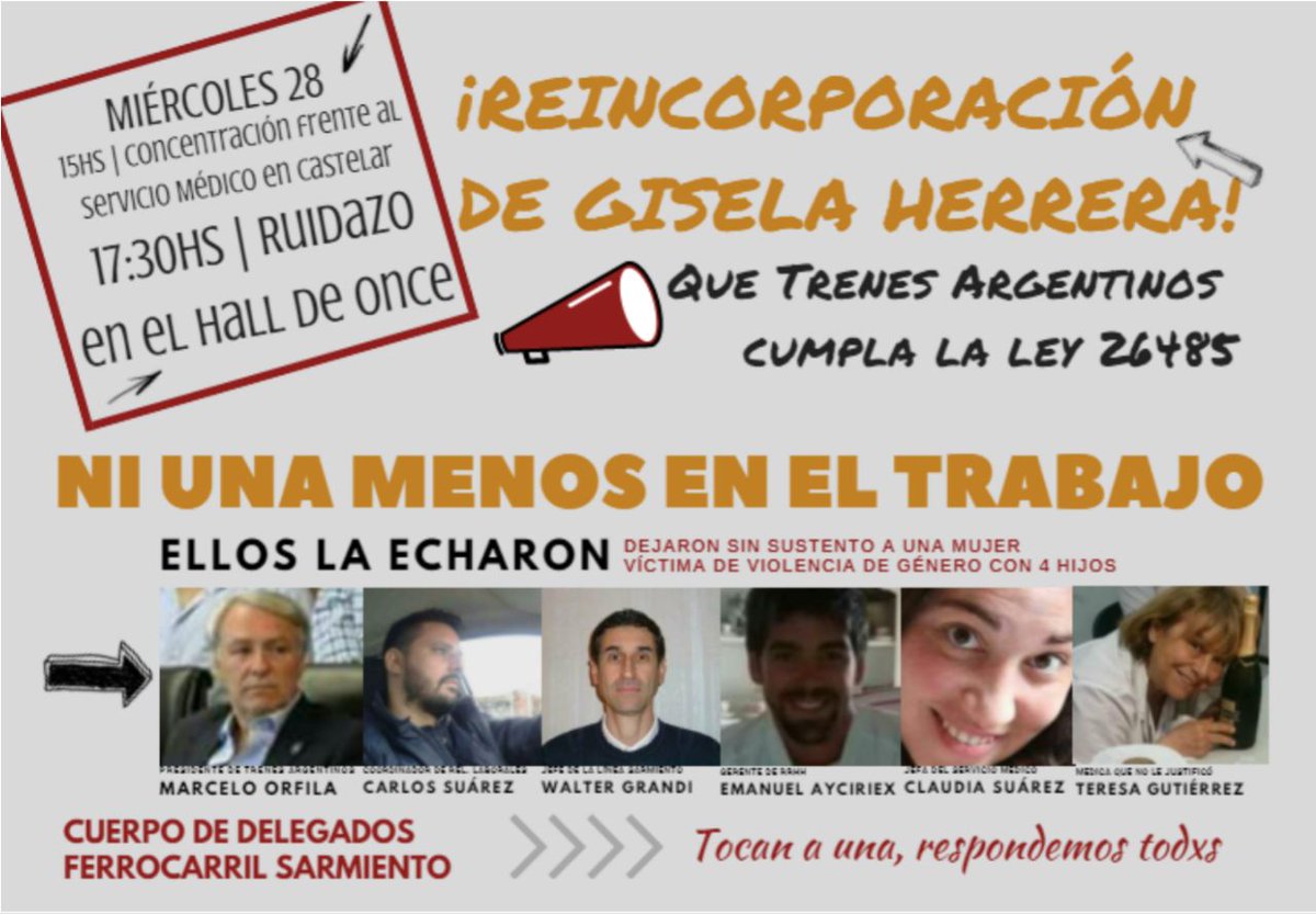 period_elroble's tweet photo. Mañana: #RuidazoPorGisela Herrera en el hall de la estación de Once del ferrocarril Sarmiento a las 17.30hs. 
La empresa la despide luego de meses de sufrir violencia de género. La empresa no cumple con la ley 2648. Toda la solidaridad y apoyo! https://t.co/abQOtfyELU