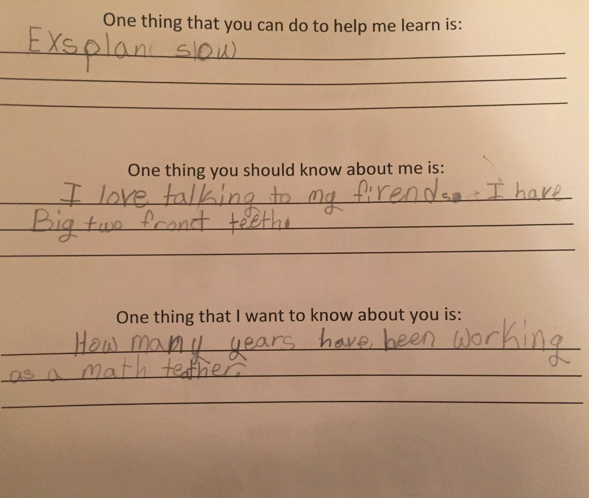 MsDavisMath17's tweet image. ELT students filled out a survey today at the start of our program, and on the last page had a chance to answer some “getting to know you” questions. I loved the responses 😂