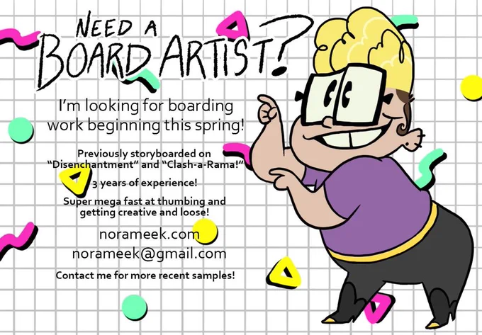My work is wrapping up so I'm available for boarding work starting in the spring! I'm great with comedy and action both! Hit me up to see my recent samples, as the stuff online is a little old!
Please share if you can! 