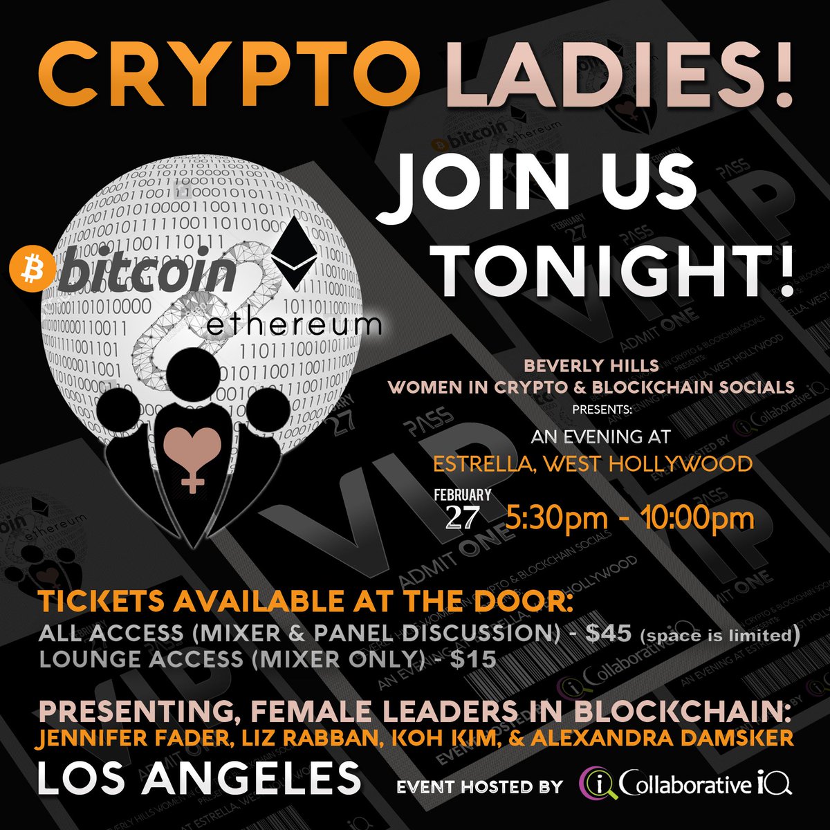deniseholt_'s tweet photo. IT'S TIME! Don't miss out! JOIN US TONIGHT!! Lounge mixer & panel discussion. Door Tickets avail, or GET HERE --> https://t.co/eJUPnkAJFf #CollaborativeIQ #WomenInBlockchain #Blockchain #Cryptocurrency #bitcoin #ethereum #Btc #ETH #ICO #Crypto #WomenInTech #LAFintech #DLT #WIIW https://t.co/RmpBURRVc9
