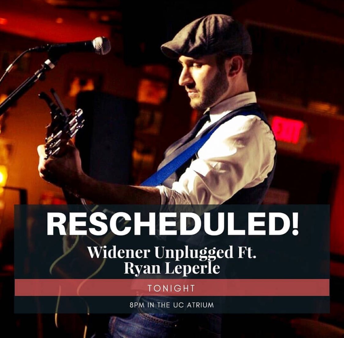 WidenerSGA's tweet photo. Come out to the UC Atrium tonight at 8pm to hear Ryan Leperle perform! Thank you PAC for bringing us a live performer tonight! https://t.co/X6mRP1dBNF