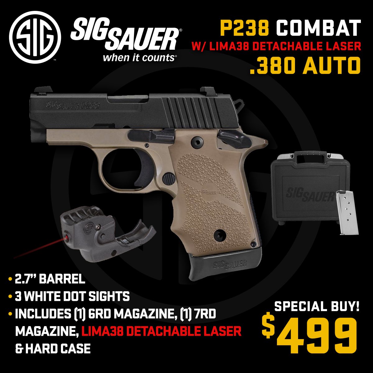 gunbuyer_com's tweet photo. Get the Sig P238 Combat with LIMA38 laser for just $499 + FREE SHIPPING ON ALL FIREARMS! Search "P238 CBT" now on https://t.co/0IexvMtEdo! #sig #sigsauer #sigp238 #p238 #380auto #handgun #gun #pewpew #concealcarry #selfdefense #2a #freedom https://t.co/psTPAAMfaD