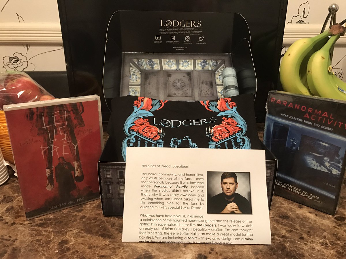 DrZaiusGoD's tweet photo. Another "killer" @BoxofDread, this time curated by @Oren_Peli and brought to us by @TheLodgersMovie. Really cool collector's box, #TheLodgers t-shirt and poster, plus DVDs of #BrianOMalley's #LetUsPrey and Peli's #ParanormalActivity #BoxofDread @DreadCentral https://t.co/VksUEvXW4y