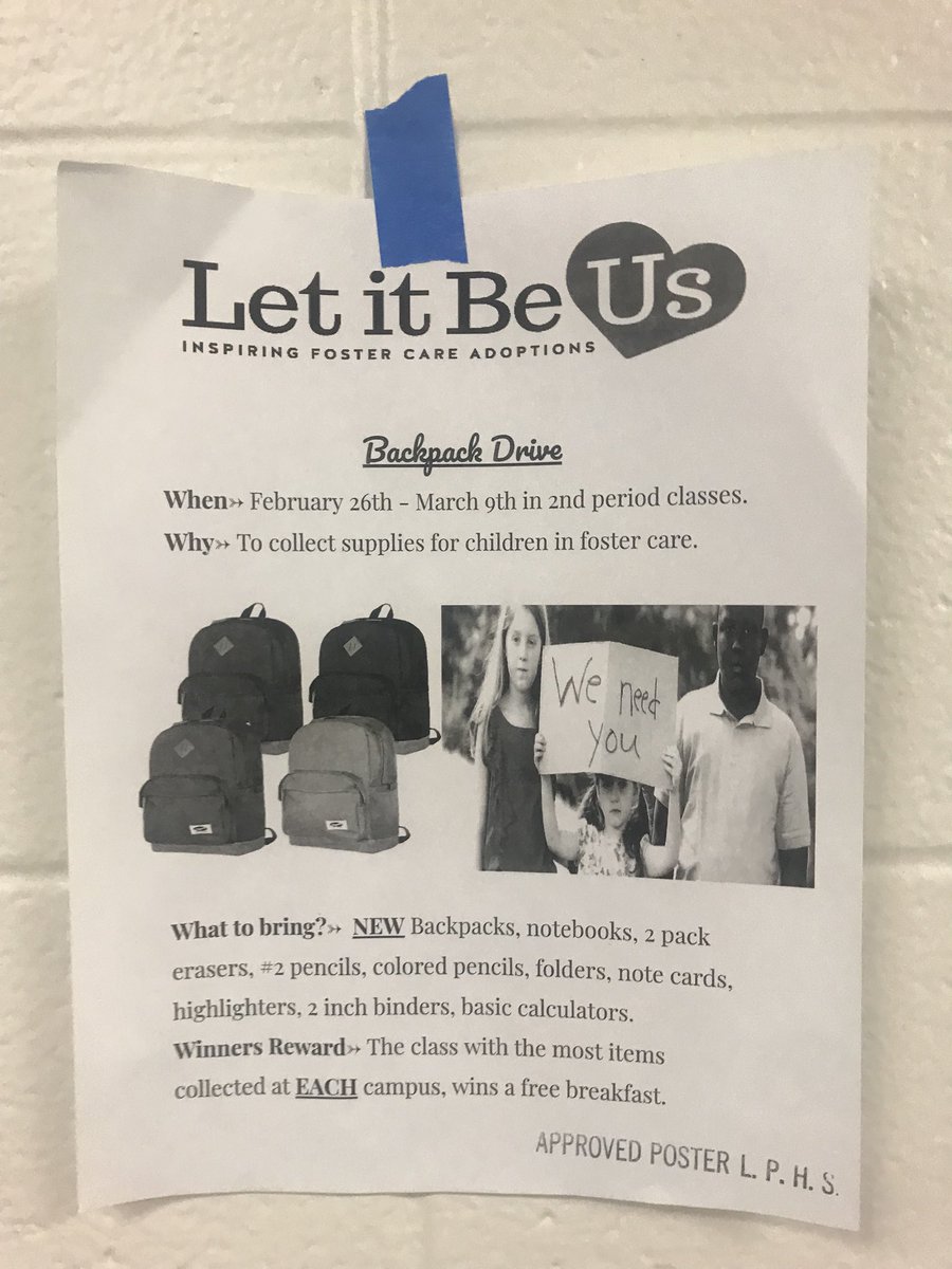 lphstuco's tweet photo. Bring in any supplies you have starting today to help support children in foster care! #wearelakepark #letitbeus https://t.co/5gBVhHcXhm