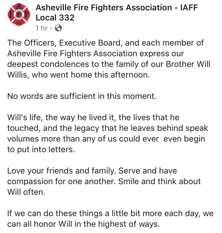 CarolinaBhood's tweet photo. Very sad news coming out of Asheville. Will Willis lost his battle with cancer today, at the young age of 33. He leaves behind a wife &amp; 4 young children. Gone way to soon, please consider helping his family. #RestEasyHero https://t.co/EC6iHtn5TP  #Brotherhood #CBH18 https://t.co/L3HfAYejfF