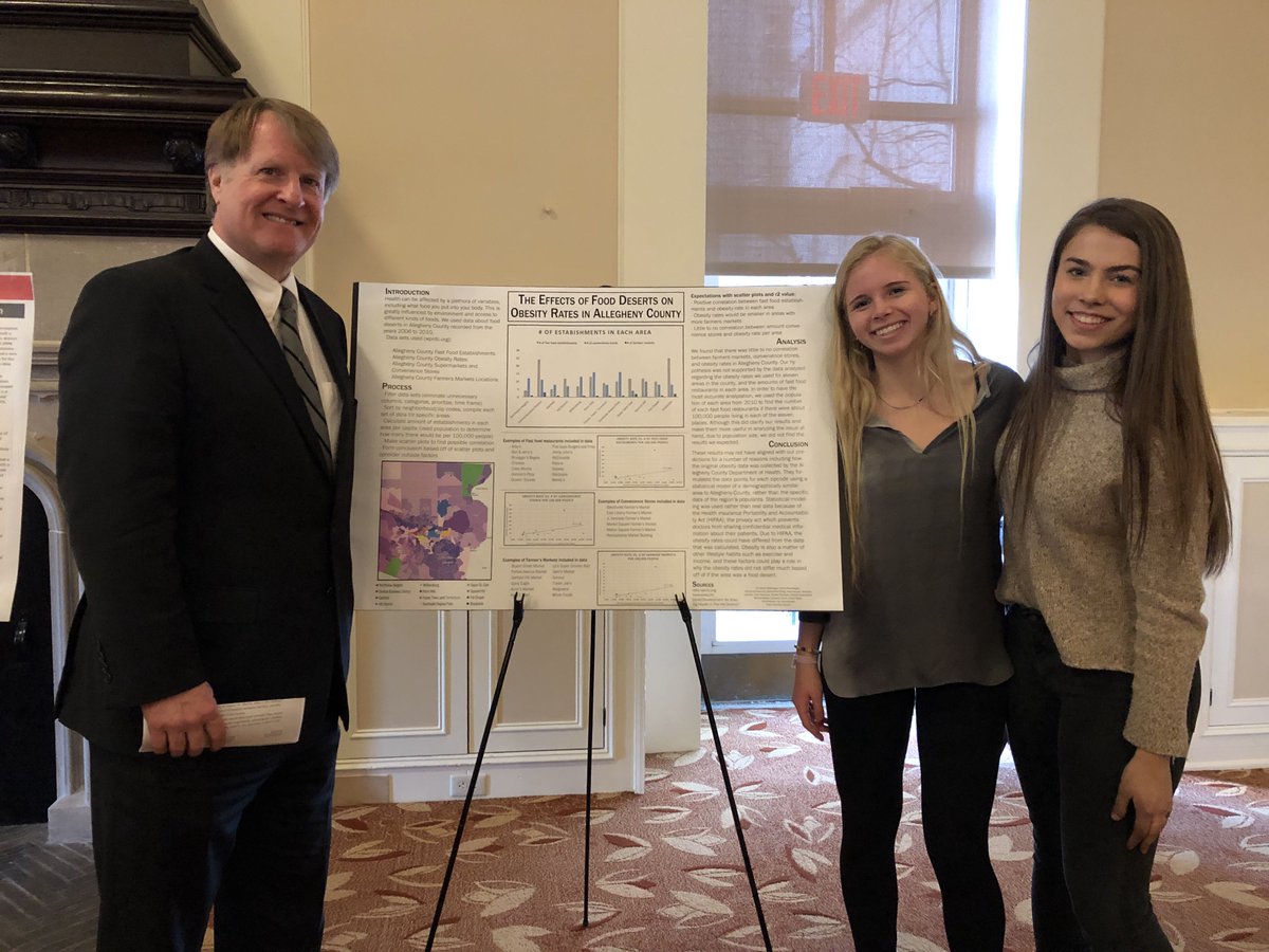 ACE_Innamorato's tweet photo. Great projects this year: Does wealth = food safety? Is free bike sharing a feasible transportation alternative? And this one from @TheEllisSchool students looking at whether food deserts have an impact on obesity rates. @PghDataworks https://t.co/P8QNo3XaT7