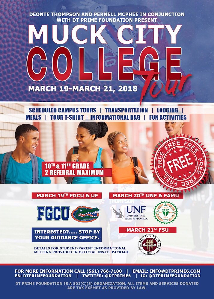 DTPrime6's tweet photo. #DeonteThompson, #PernellMcPhee, and the DT Prime Foundation are proud to announce selections have been made for our inaugural Muck City College Tour! 30 Sophomores and Juniors from Glades Central High School and Pahokee Senior High School were chosen! https://t.co/nNQStTVoCR