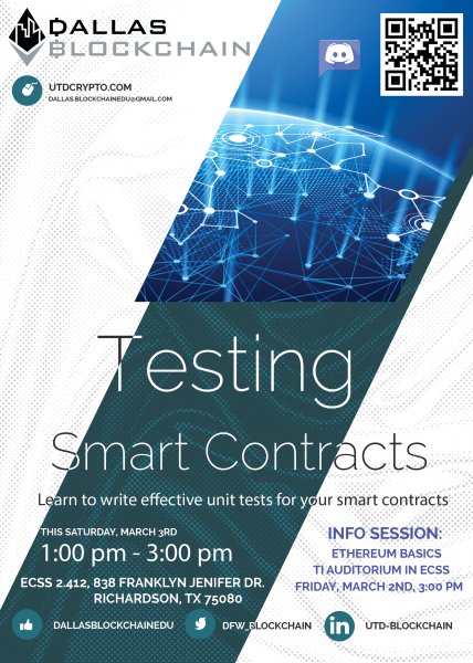 DFW_Blockchain's tweet photo. We'll be having an Ethereum Basics info session for those who missed our previous discussion of the topic. Then, this Saturday (3/3/2018) at 1:00pm, we'll be having a workshop on writing tests for your smart contracts in ECSS 2.412. Hope to see you there! https://t.co/Kl6rLGwgDz