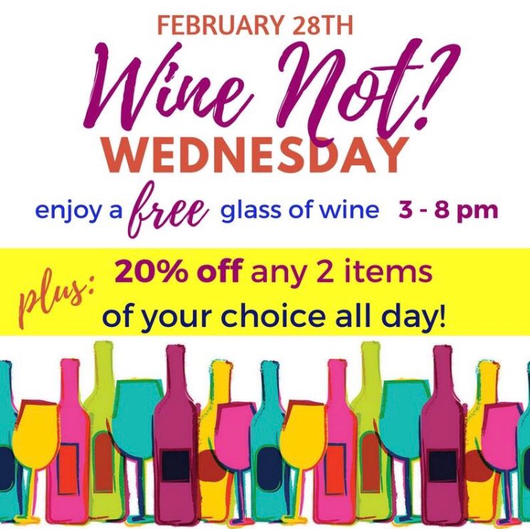 SoHo_NC's tweet photo. SAVE 20% 2 items of your choice ALL DAY and enjoy a glass of wine 3-8pm 🍷🍾🍷#cheers https://t.co/lcsEULgn6t