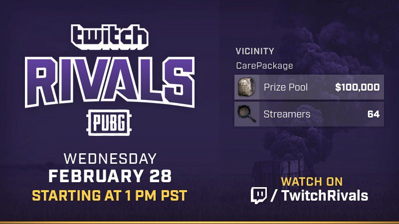 PUBG's tweet photo. Tomorrow 2/28. Tune in at 1PM PT for the @Twitch Rivals PUBG Invitational. 16 squads will compete for $100,000. https://t.co/VBszfPQdJv https://t.co/tDJnsIG3Jm
