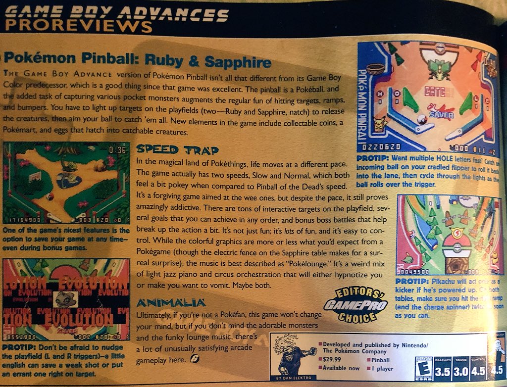 doubleohstatus's tweet image. It isn’t Red or Blue but I found an old GamePro that gave Pokémon Pinball: Ruby and Sapphire a 4.5/5. 😁  #PokemonDay #pokemonpinball #gamefreak #nintendo