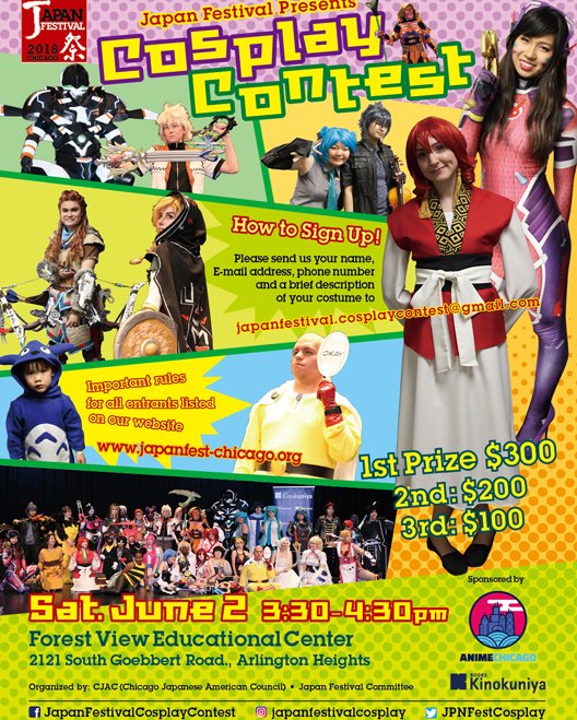 JPNFestCosplay's tweet photo. Dates and times for #JapanFestival2018 !!
Come join us for the #cosplay contest!

Special thank you to our sponsors !! @kinokuniyausa
 and AnimeChicago 
There will be three lucky winners for this cosplay contest!
*
1st place: $300
*
2nd place: $200
*
3rd… https://t.co/KemSdugZet https://t.co/cZHFOZUXhA