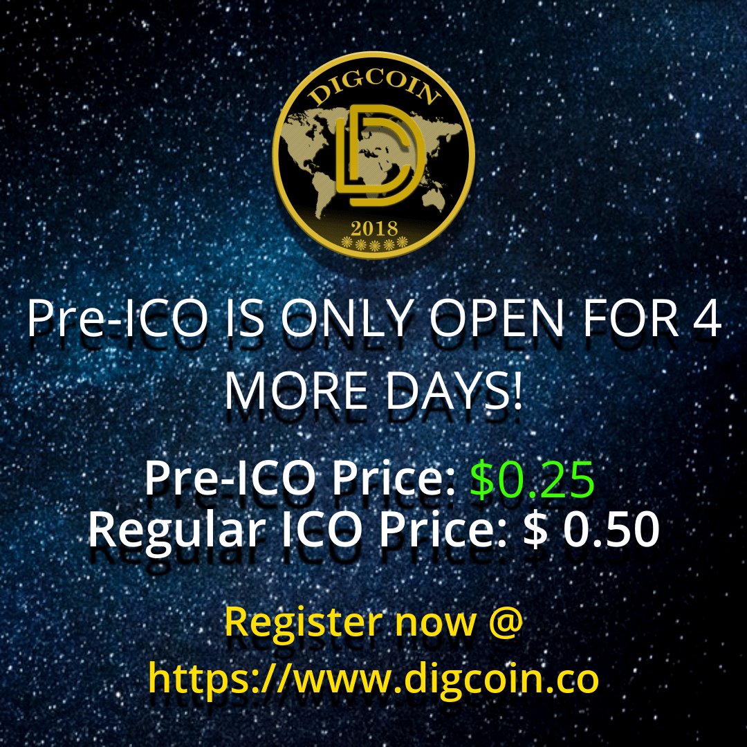 digcoinofficial's tweet photo. Only 4 days left!
Get in on the half off rate our Pre-ICO offers!
Register now @ https://t.co/IgWMSR9feX

#bitcoin #bitcoinnews #cryptocurrency #crypto #cryptonews #mining #bitcoinmining #bitcoinico #ethereum #ethereummining #ethereumico #ico #digcoin https://t.co/aY9eFruvqM