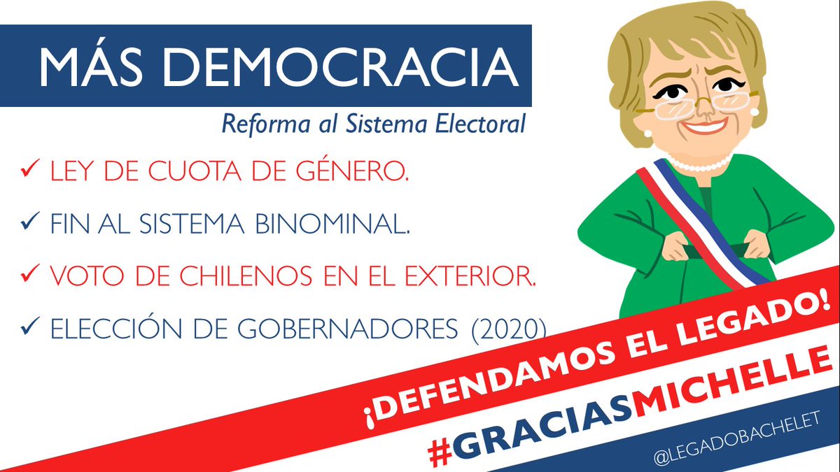 LegadoBachelet's tweet photo. #GraciasMichelle por las Reformas a Nuestro Sistema Electoral que ayuda a que nuestra democracia sea más justa y participativa.

#LeyDeCuotas, #FinAlBinominal, #VotoExterior y #GobernadoresElectos https://t.co/glQZ29cayr
