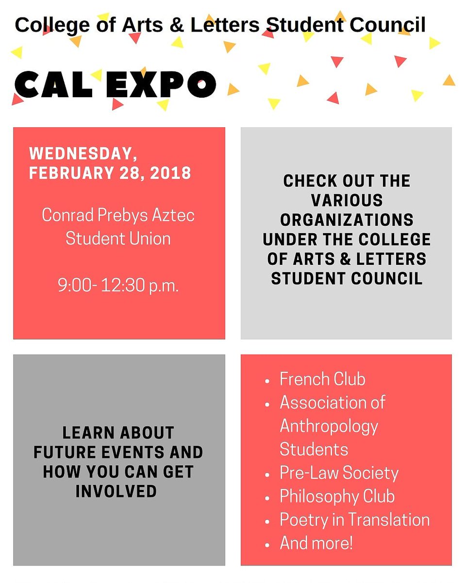 CALCouncilSDSU's tweet photo. The College of Arts and Letters Student Council Expo is TOMORROW! Don't miss out on the opportunity to learn about the different organizations in CAL, how you can get more involved, and future CAL events. We will be at the Student Union from 9-12:30 p.m. See you there! 🤓 #cal https://t.co/RF4ht3xX20