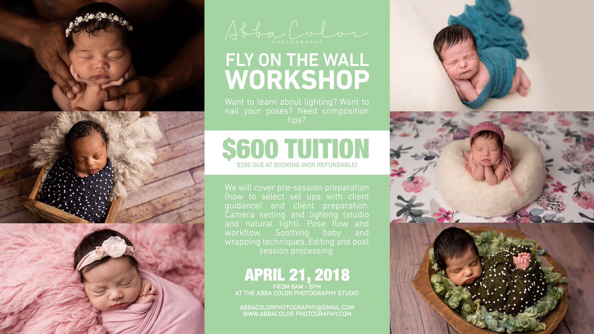 abbacolorphoto's tweet photo. Only a couple of spots left for this awesome workshop on April 21st!! This workshop is packed with info, goodies, props, and helps you build your portfolio!! Don’t miss it!! #newbornphotography #workshop #photographyworkshop #abbacolorphotography #flyonthewall https://t.co/6gFMLc87g7